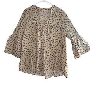 ODDI‎ Boho Peasant Blouse Bell Sleeve Crochet Trim Beige Blue Rayon One Size